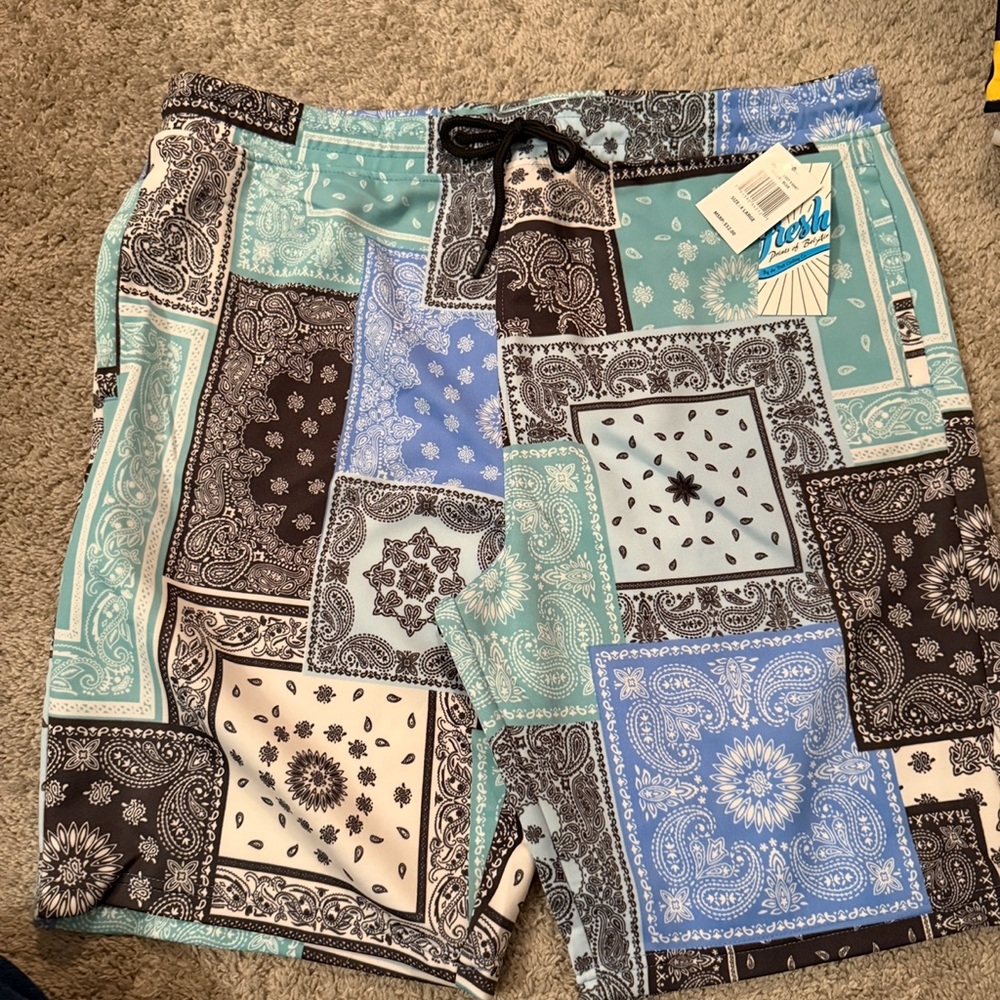 Persol Men's Patchwork Bandana Swim Shorts - Blue, Black, and White
